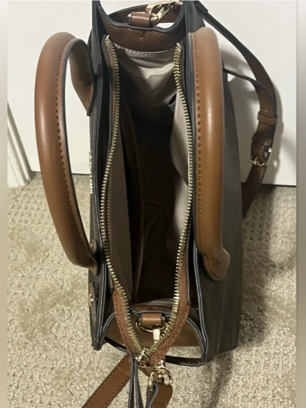 Nine West Dark Brown Monogram Satchel with Tan Handles